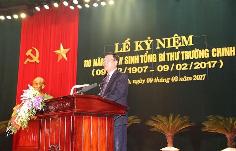 Bí thư Tỉnh Ủy tỉnh Nam Định Đoàn Hồng Phong phát biểu tại lễ kỷ niệm 110 năm ngày sinh Tổng Bí thư Trường Chinh.