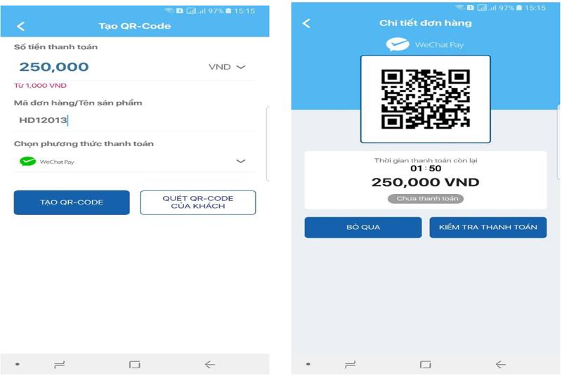 Du khách Trung Quốc thanh toán khi du lịch tại Việt Nam bằng cách dùng ứng dụng WeChat Pay trên điện thoại cá nhân quét mã QR của cửa hàng tạo bởi ứng dụng VIMO Merchant