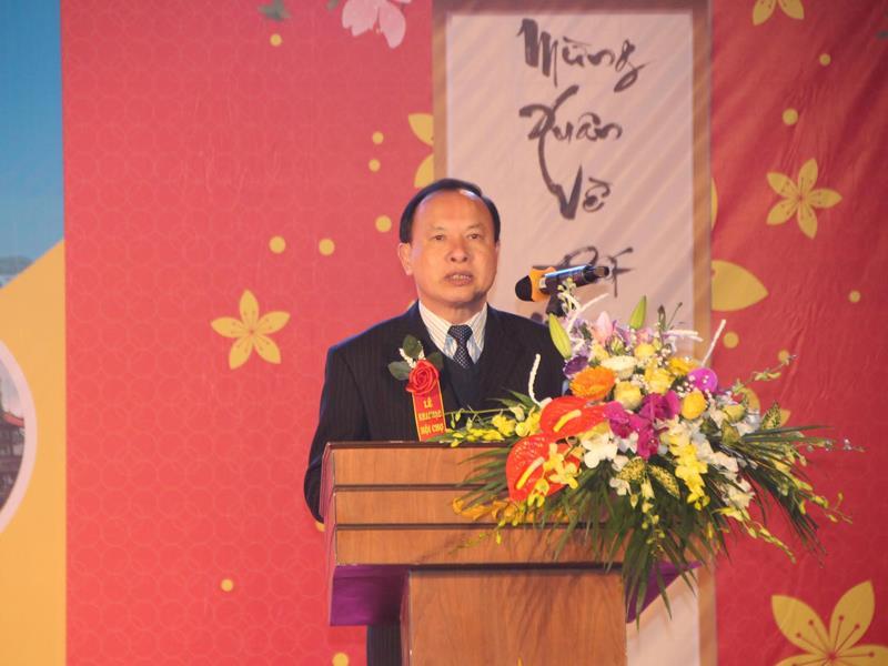 Giám đốc Sở Công thương Thái Bình Vũ Ngọc Khiếu phát biểu khai mạc Hội chợ Mừng Đảng - Mừng Xuân 2018