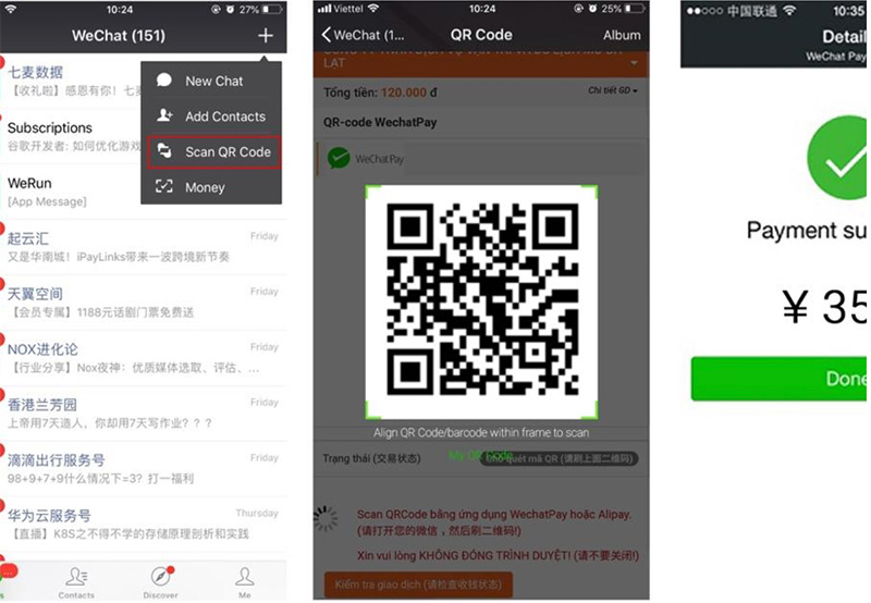 Khách hàng dễ dàng thực hiện thao tác thanh toán QR-Pay qua ứng dụng Wechat