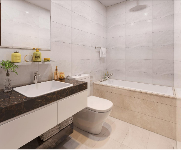 Nội thất nhà tắm sử dụng thương hiệu siêu sang Duravit, HansGrohe hoặc Grohe nhằm mang tới sự thoải mái cho cư dân trong những giây phút thư giãn riêng tư.