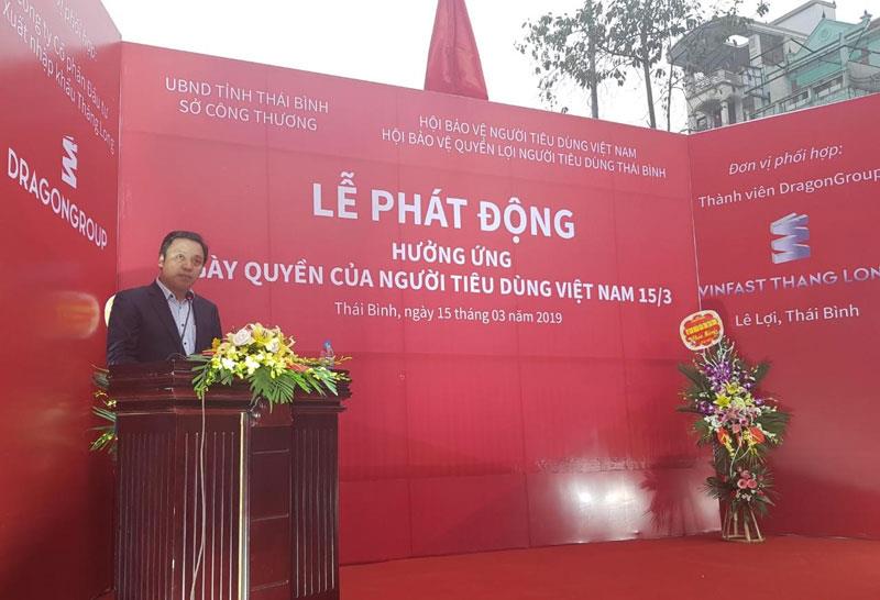 Chủ tịch Hội Bảo vệ quyền lợi người tiêu dùng tỉnh Thái Bình Phạm Ngọc Kế phát động chương trình hưởng ứng Ngày Quyền của người tiêu dùng Việt Nam.