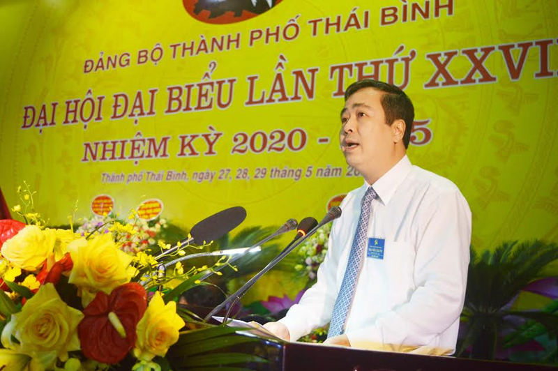 Ủy viên Dự khuyết Trung ương Đảng, Phó Bí thư Thường trực Tỉnh ủy Thái Bình Ngô Đông Hải phát biểu tại Đại hội Đảng bộ Thành phố Thái Bình nhiệm kỳ 2020 - 2025.