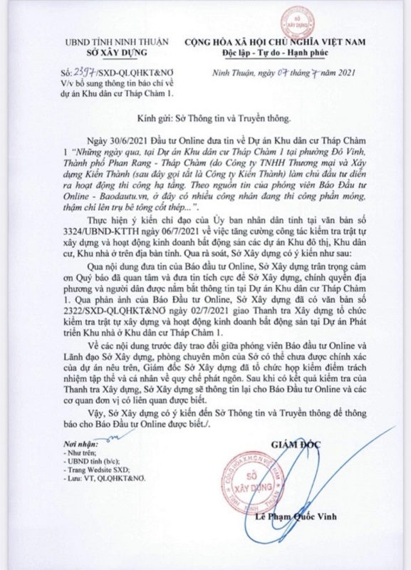 Văn bản phản hồi cho Báo Đầu tư của Giám đốc Sở Xây dựng tỉnh Ninh Thuận. Ảnh: Nhiệt Băng