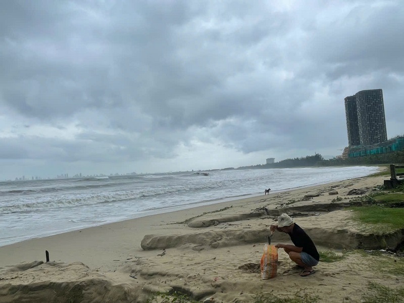 Người dân Đà Nẵng tranh thủ xuống biển lấy cát về chèn chống nhà cửa. Ảnh: Linh Đan