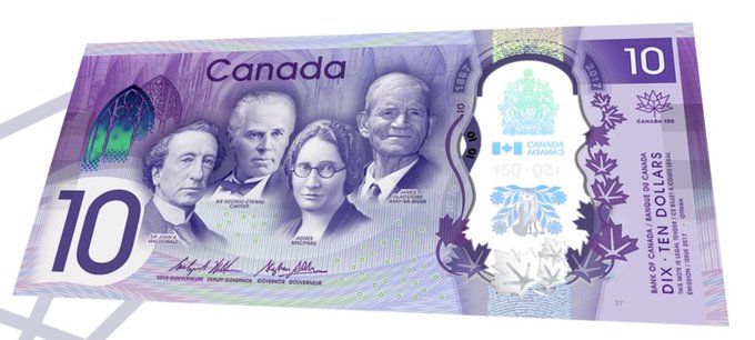 Được phát hành nhân dịp kỷ niệm 150 năm thành lập Liên bang Canada, tờ 10 đôla mới của nước này làm bằng polymer và có sắc tím. Một mặt của tờ tiền in chân dung 4 nhân vật quan trọng trong lịch sử đất nước.