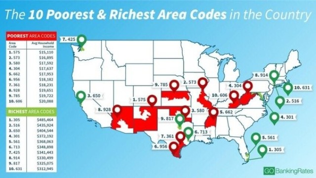Bản đồ 10 khu vực giàu và nghèo nhất nước Mỹ. Màu xanh là các khu vực giàu có nhất và ở xa các trung tâm truyền thống. Nguồn: Internet.