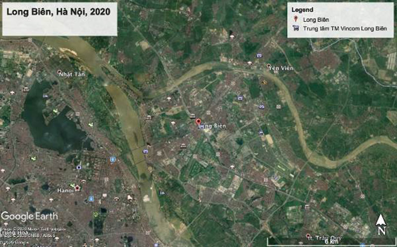 Ảnh chụp bản đồ vệ tinh của quận Long Biên năm 2020 (qua ứng dụng Google Earth).