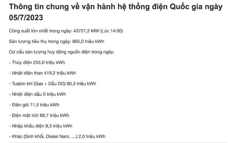 ngày 5/7/2023, sản lượng thuỷ điện huy động là 