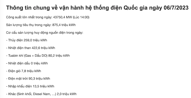 Ngày 6/7/2023 sản lượng thuỷ điện huy động là ...