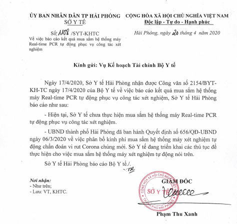 Văn bản Sở Y tế Hải Phòng trả lời Bộ Y tế. Ảnh: thanhphohaiphong.gov.vn