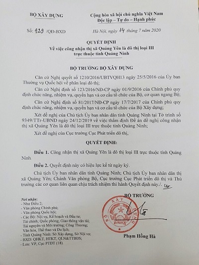 Quyết định của Bộ Xây dựng công nhận thị xã Quảng Yên là đô thị loại III trực thuộc tỉnh Quảng Ninh