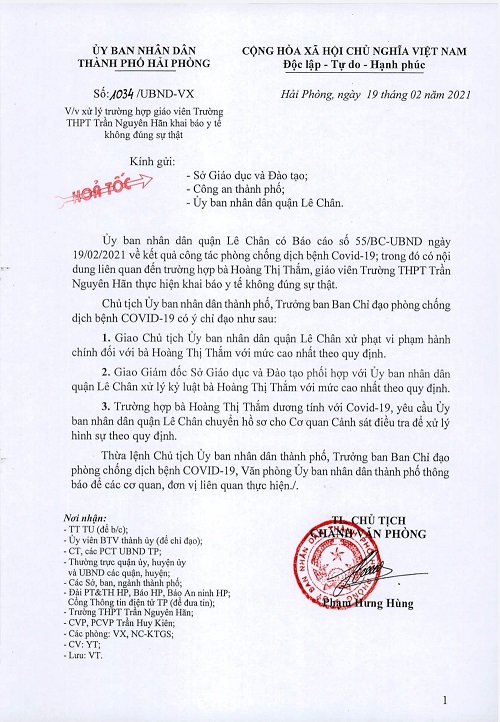 Công văn TP. Hải Phòng xử lý trường hợp giáo viên đi về từ vùng dịch nhưng khai báo y tế không đúng sự thật