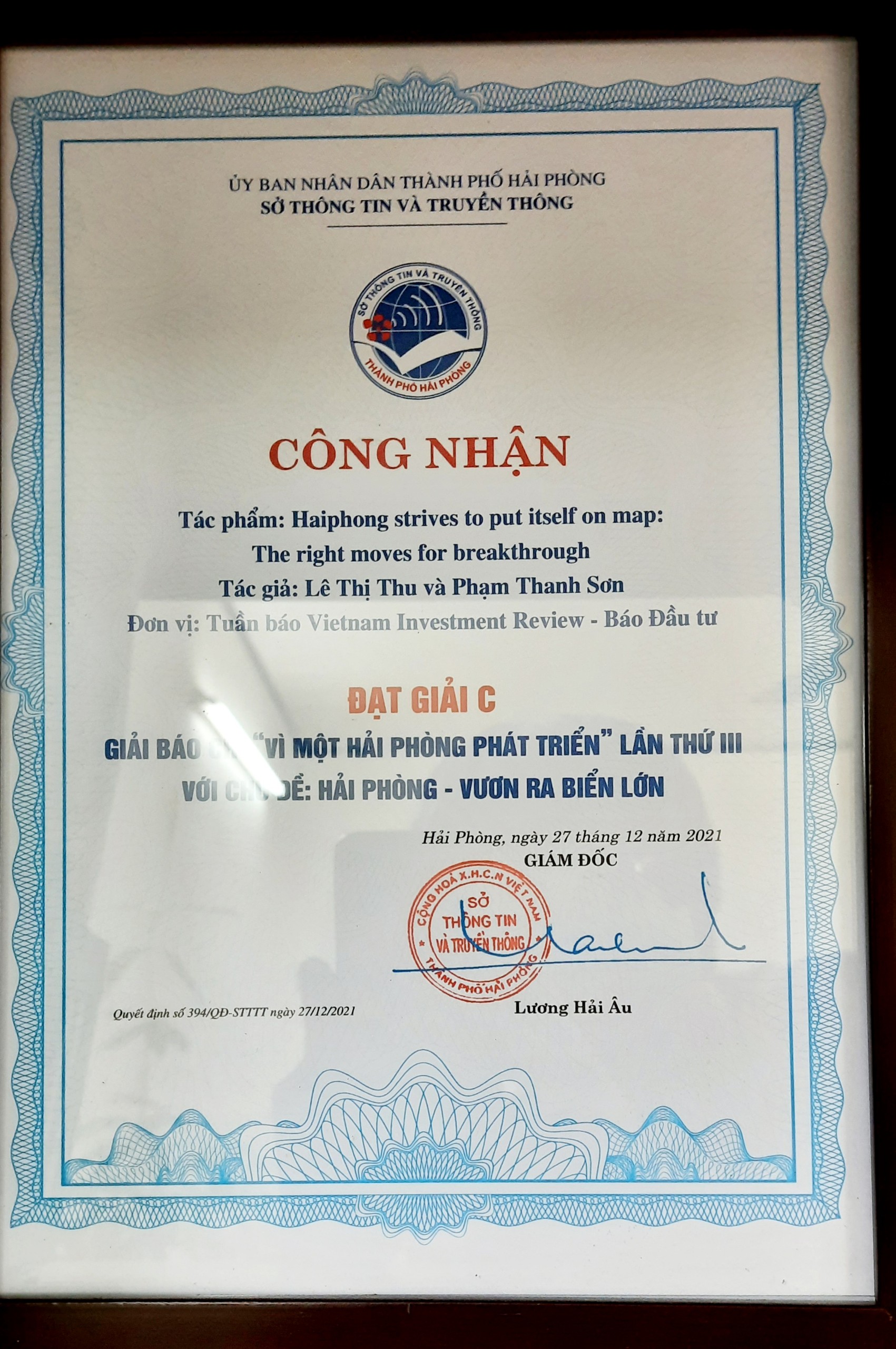 Báo Đầu tư - Văn phòng đại diện tại Hải Phòng cũng đã vinh dự đón nhận giải C với tác phẩm “Haiphong strives to put itself on map- The right moves for breakthrough”