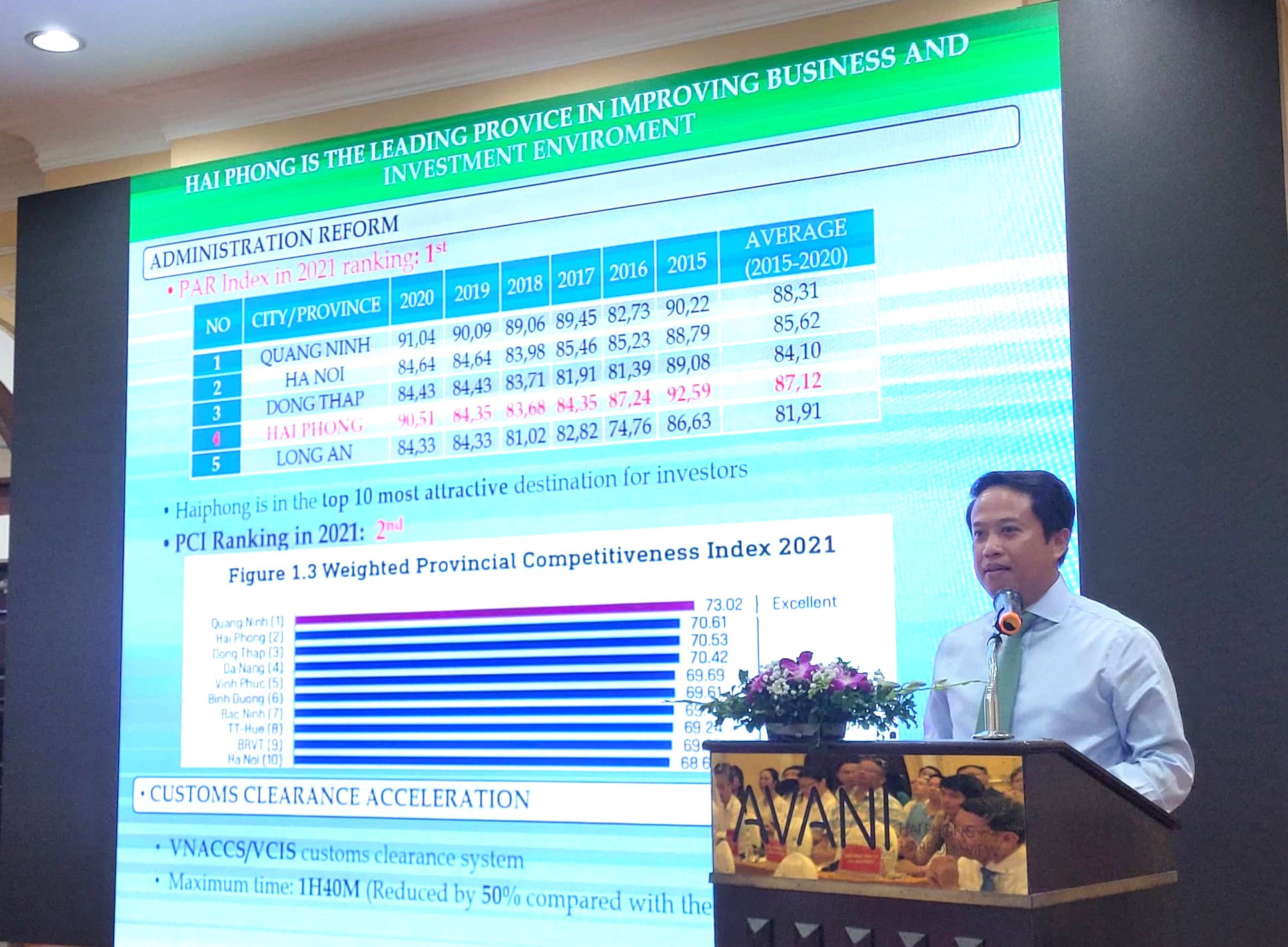 Ông Nguyễn Hoàng Long, Giám đốc Sở Kế hoạch và Đầu tư thông tin về môi trường đầu tư, tiềm năng, lợi thế của thành phố Hải Phòng. Ảnh: Thanh Sơn