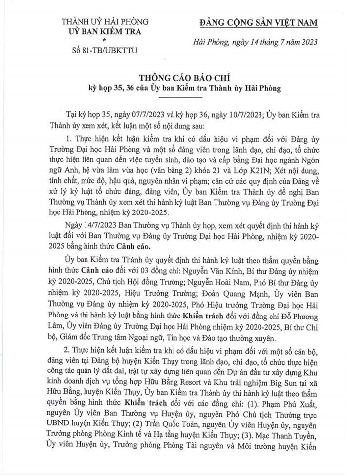 Ủy ban Kiểm tra Thành ủy Hải Phòng đã ban hành văn bản số 81.TB-UBKTTU về việc thi hành kỷ luật nhiều cán bộ và nguyên cán bộ tại trường Đại học Hải Phòng và huyện Kiến Thụy