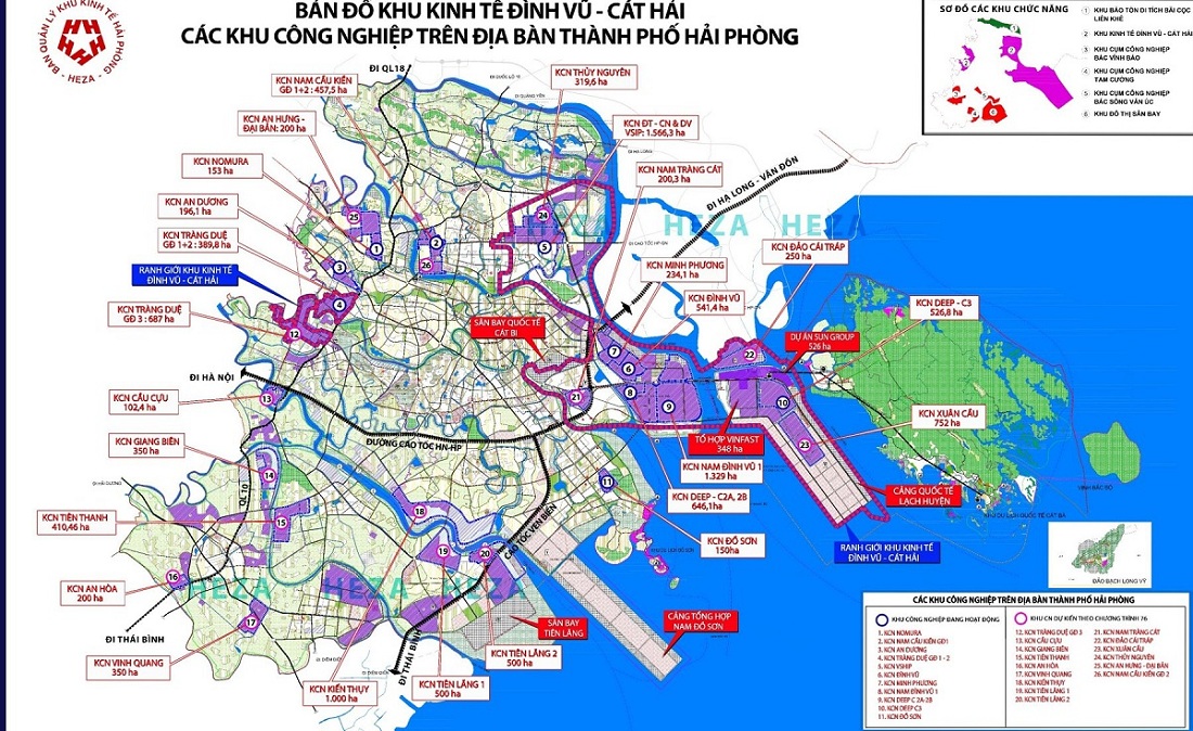 Bản đồ KKT Đình Vũ - Cát Hải và các KCN trên địa bàn Thành phố Hải Phòng