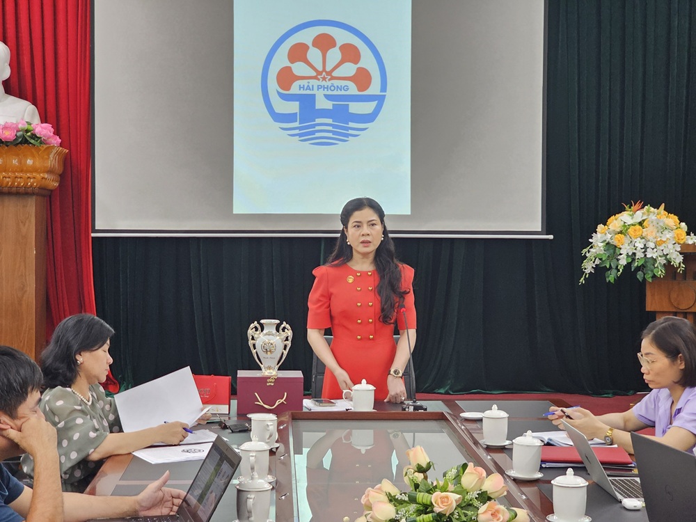 Bà Trần Thị Hoàng Mai, Giám đốc Sở Văn hóa và Thể thao Hải Phòng thông tin cho về kết quả cuộc thi sáng tác logo biểu tượng cho TP.Hải Phòng chiều 16/5. Ảnh: Thanh Sơn