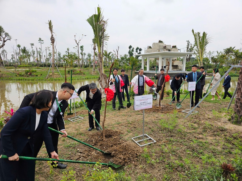 Các đại biểu thực hiện nghi thức trồng cây hoa anh đào. Ảnh: Thanh Sơn