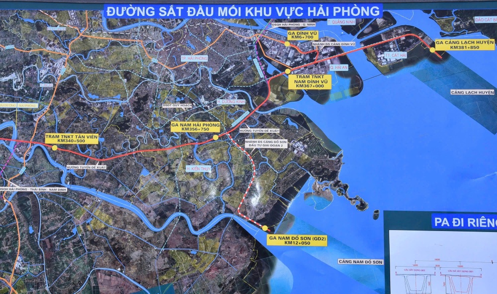 Bản đồ hướng tuyến đường sắt Lào Cai - Hà Nội - Hải Phòng đoạn qua Hải Phòng
