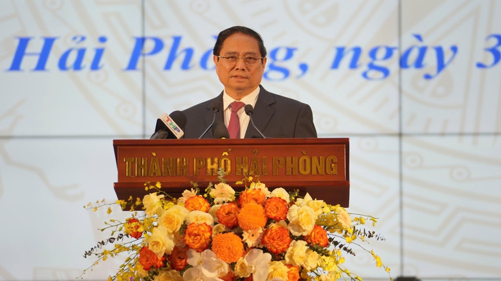 Thủ tướng Phạm Minh Chính phát biểu chỉ đạo tại Lễ công bố các nghị quyết, quyết định của Trung ương về sáp nhập đơn vị hành chính tại thành phố Hải Phòng