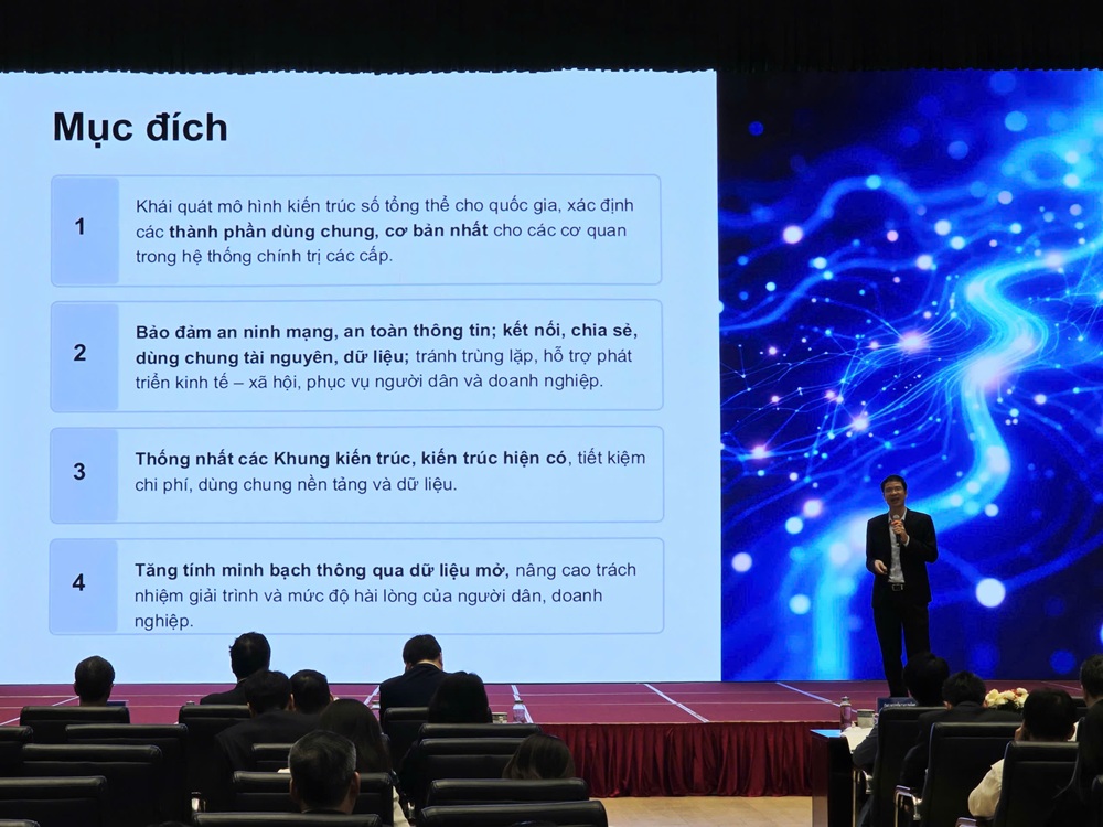 Diễn giả tr&igrave;nh b&agrave;y tổng quan &ldquo;Khung Kiến tr&uacute;c Th&agrave;nh phố số&rdquo; theo Khung kiến tr&uacute;c tổng thể Quốc gia số