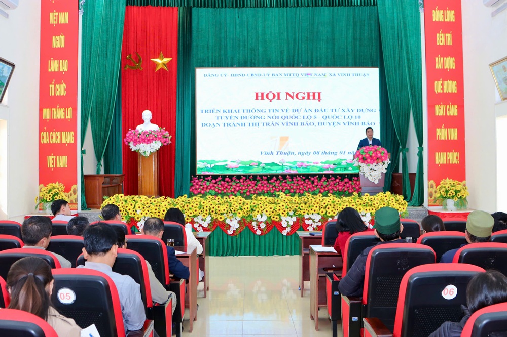 UBND x&atilde; Vĩnh Thuận th&ocirc;ng tin Dự &aacute;n đầu tư x&acirc;y dựng tuyến đường nối Quốc lộ 5 với Quốc lộ 10 đoạn tr&aacute;nh thị trấn Vĩnh Bảo, huyện Vĩnh Bảo. Ảnh: Cổng TTĐT UBND x&atilde; Vĩnh Thuận