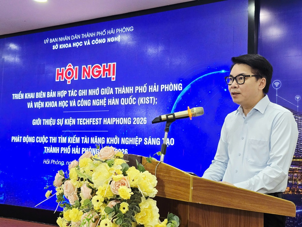 &Ocirc;ng Nguyễn Cao Thắng, Gi&aacute;m đốc Sở khoa học v&agrave; c&ocirc;ng nghệ Hải Ph&ograve;ng ph&aacute;t biểu khai mạc