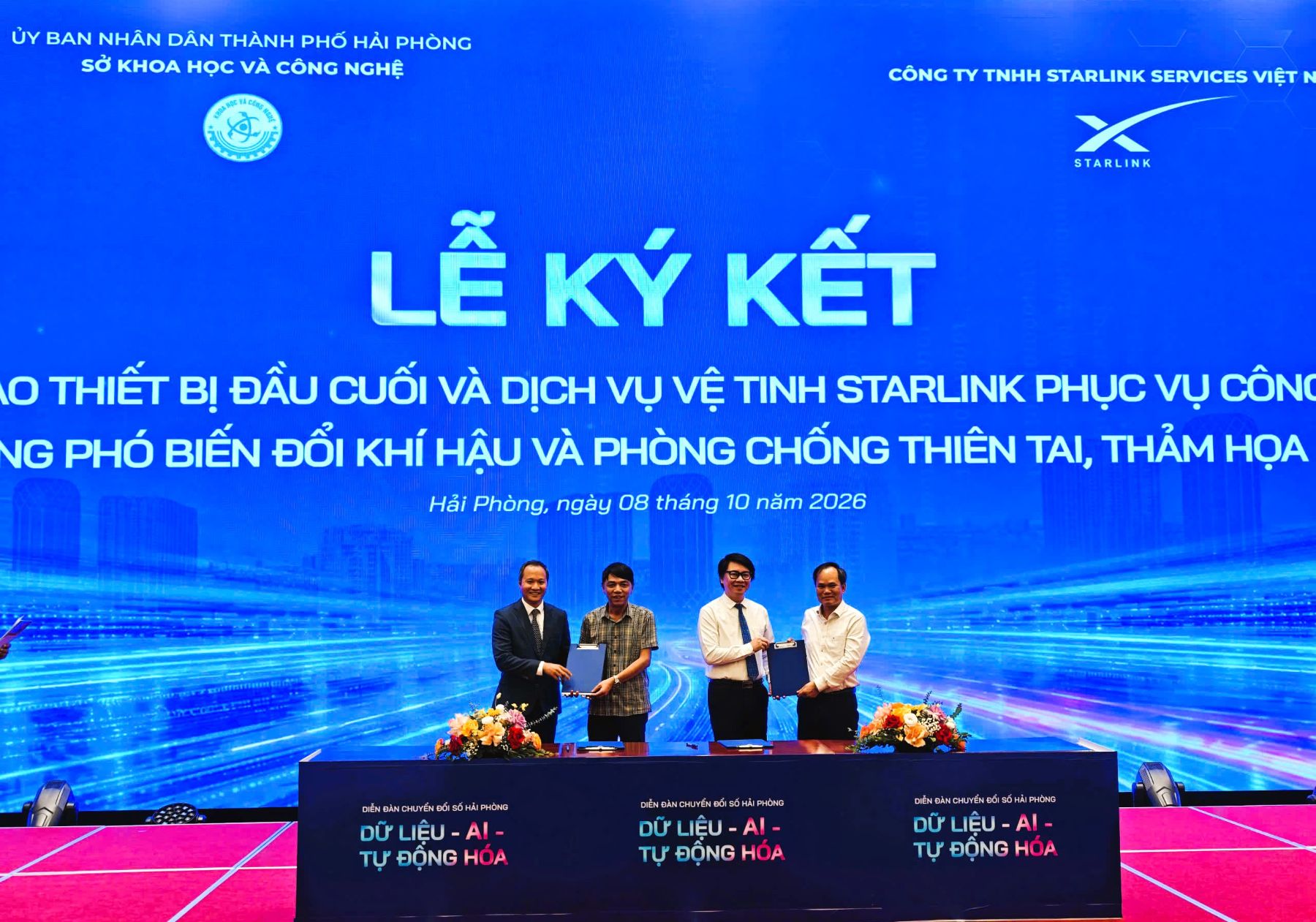 Sở khoa học v&agrave; c&ocirc;ng nghệ Hải Ph&ograve;ng v&agrave; C&ocirc;ng ty TNHH Starlink Services Việt Nam b&agrave;n giao thiết bị đầu cuối v&agrave; dịch vụ vệ tinh Starlink cho đặc khu Bạch Long Vỹ v&agrave; đặc khu C&aacute;t Hải