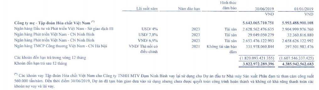 Giá trị khoản nợ vay Vinachem cho Đạm Ninh Bình vay lại - Nguồn: BCTC