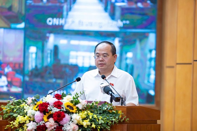 Đồng ch&iacute; Quản Minh Cường, Ủy vi&ecirc;n Trung ương Đảng, B&iacute; thư Th&agrave;nh ủy, Trưởng Đo&agrave;n ĐBQH th&agrave;nh phố, ph&aacute;t biểu tại hội nghị tiếp x&uacute;c cử tri. Ảnh Đức Thanh