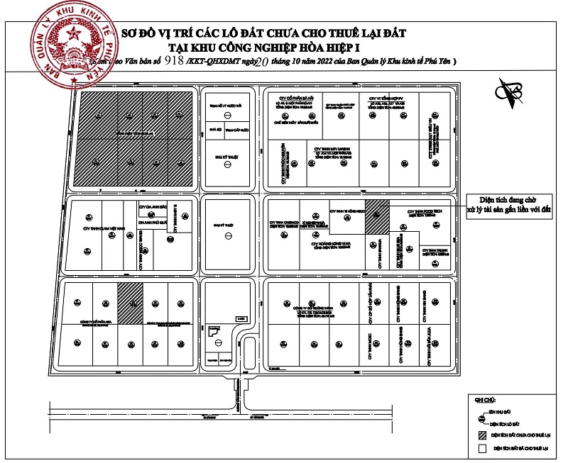 Vị trí diện tích đất chưa cho thuê lại tại Khu công nghiệp Hòa Hiệp I (vị trí gạch chéo).
