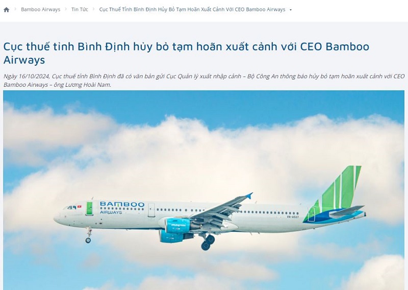 Bamboo Airways công bố thông tin Cục Thuế tỉnh Bình Định hủy bỏ tạm hoãn xuất cảnh