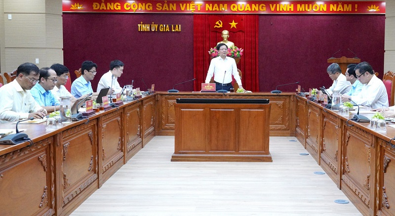 Bí thư Tỉnh ủy Gia Lai Hồ Quốc Dũng phát biểu tại buổi làm việc. Ảnh: N.H.