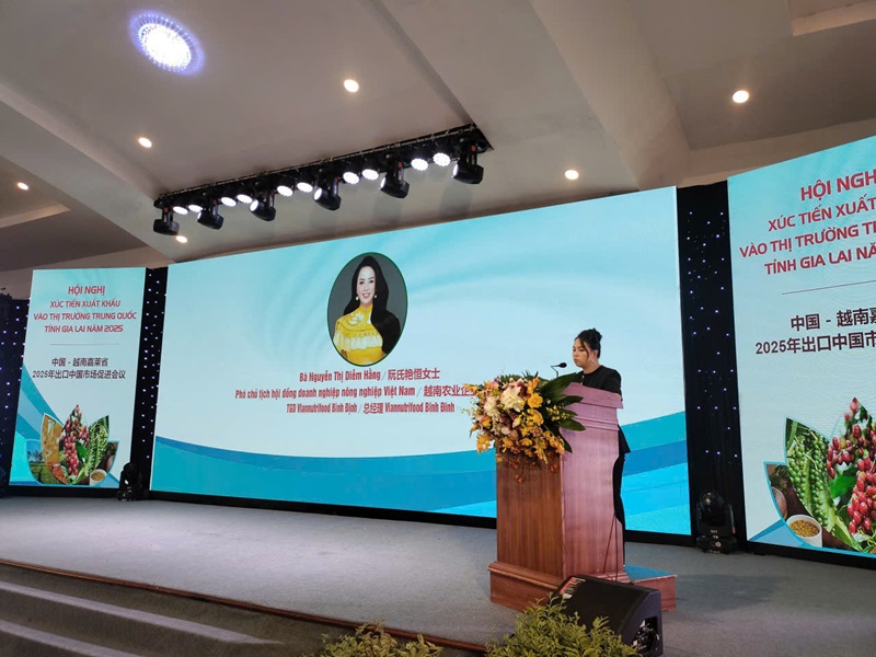 bà Nguyễn Thị Diễm Hằng, Tổng giám đốc Công ty cổ phần Vinanutrifood Bình Định giới thiệu về nhà máy chế biến nông sản sẽ được khởi công vào ngày 19/8.