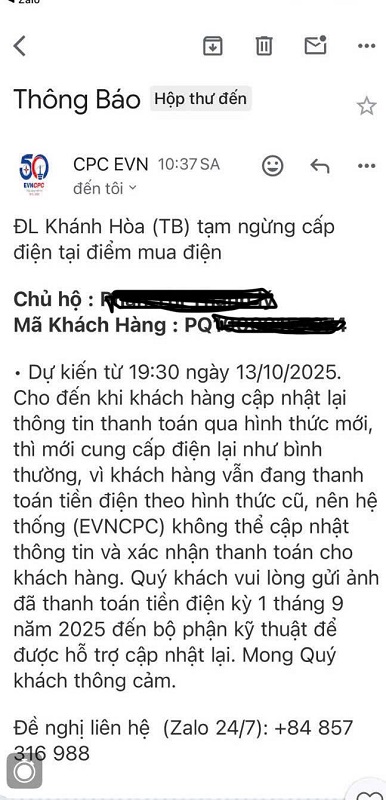 Nội dung email giả danh EVNCPC nhằm lừa đảo khách hàng.