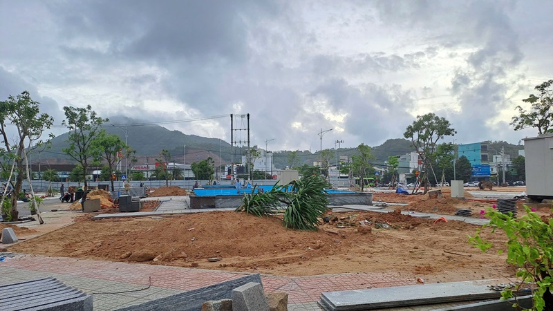 Hạng mục công viên nước đang được xây dựng hoàn thiện.