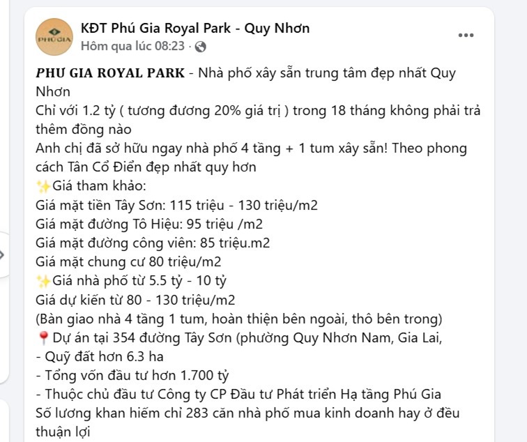 Một thông tin quảng cáo Dự án Phú Gia Royal Park Quy Nhơn của 1 đơn vị phân phối. 