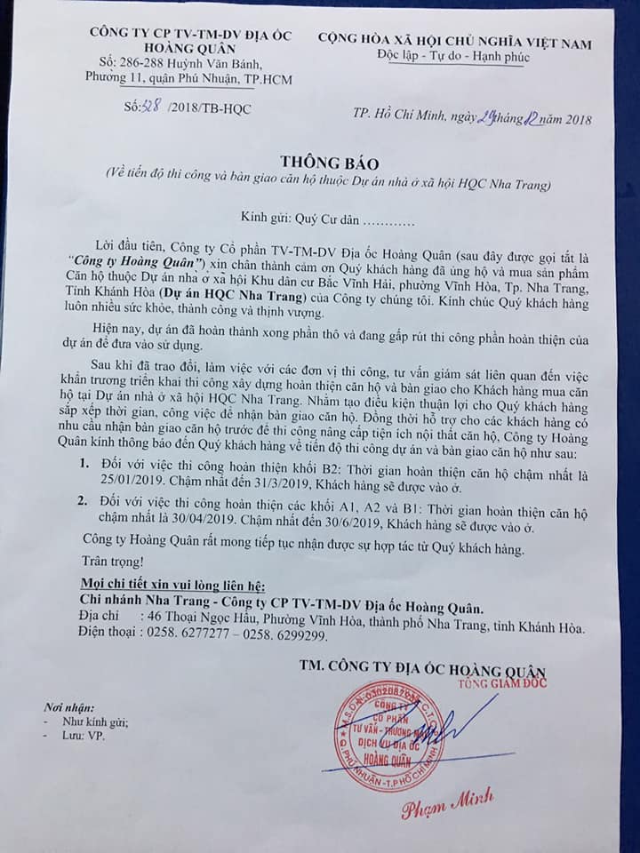 Văn bản cam kết bàn giao nhà của Chủ đầu tư Dự án HQC Nha Trang tới cư dân thành phố đã quá hạn