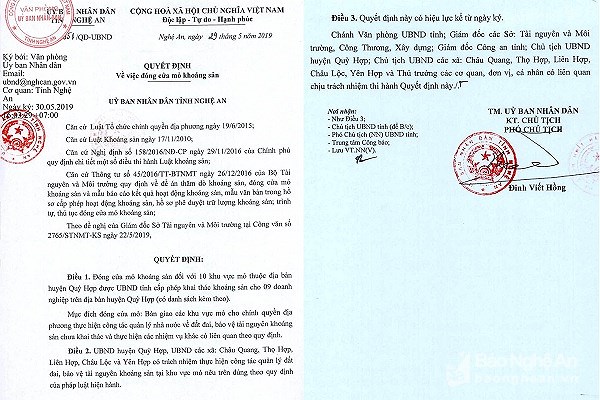 Quyết định của UBND tỉnh Nghệ An về việc đóng cửa 10 mỏ khoáng sản tại khu vực miền núi của tỉnh này