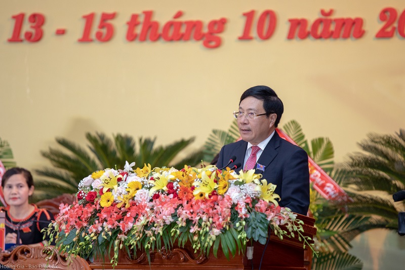 Ủy viên Bộ Chính trị, Phó Thủ tướng Chính phủ, Bộ trưởng Ngoại giao Phạm Bình Minh phát biểu ý kiến chỉ đạo tại Đại hội đại biểu Đảng bộ tỉnh Đắk Lắk lần thứ XVII.