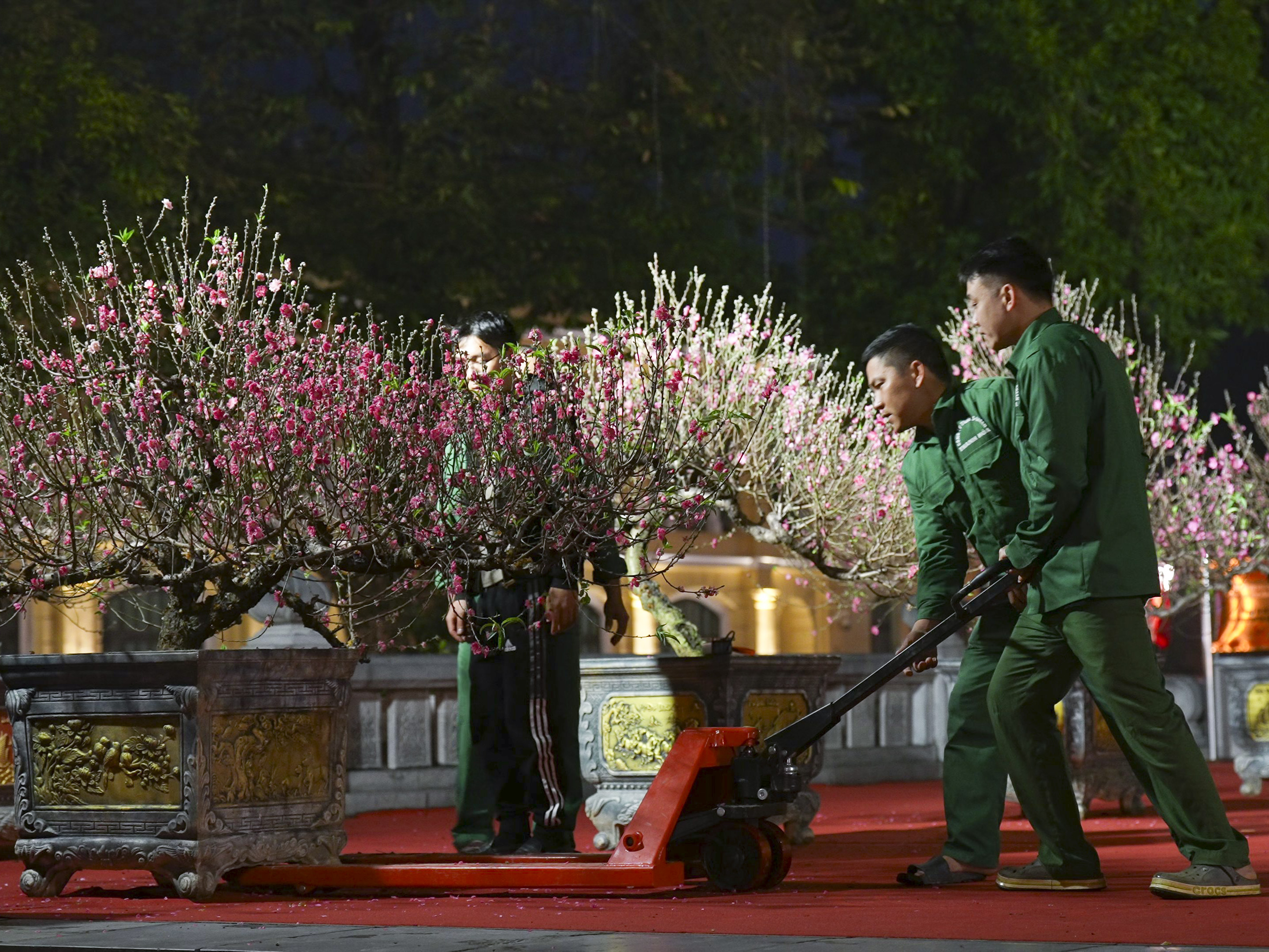 Công nhân cấp tập thi công, vận chuyển bất kể ngày đêm để tạo cảnh quan cho Đường hoa Lý Thái Tổ (7).JPG