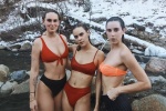 3 cô con gái của Bruce Willis mặc bikini tắm suối giữa trời tuyết lạnh