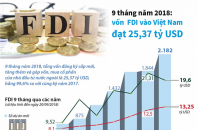 [Infographic] 9 tháng năm 2018, vốn FDI vào Việt Nam đạt 25,37 tỷ USD