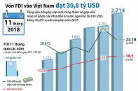 [Infographic] 11 tháng năm 2018, vốn FDI vào Việt Nam đạt 30,8 tỷ USD