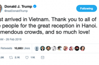 Ông Donald Trump viết tweet cảm ơn người dân Việt Nam vì sự đón tiếp tuyệt vời