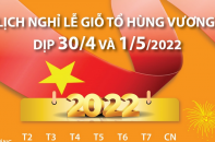 [Infographic] Lịch nghỉ lễ giỗ Tổ Hùng Vương và dịp 30/4 và 1/5/2022