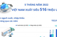 [Infographic] 5 tháng năm 2022, Việt Nam xuất siêu 516 triệu USD