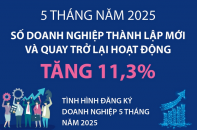 Số doanh nghiệp thành lập mới và quay trở lại hoạt động tăng 11,3% sau 5 tháng năm 2025