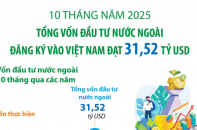 Tổng vốn đầu tư nước ngoài đăng ký vào Việt Nam đạt 31,52 tỷ sau 10 tháng năm 2025